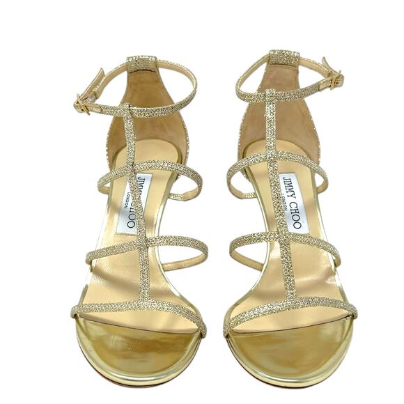 Jimmy Choo Dory Glitter Heel Open Toe Ankle Strap Sandal Gold 38 - Picture 5 of 8
